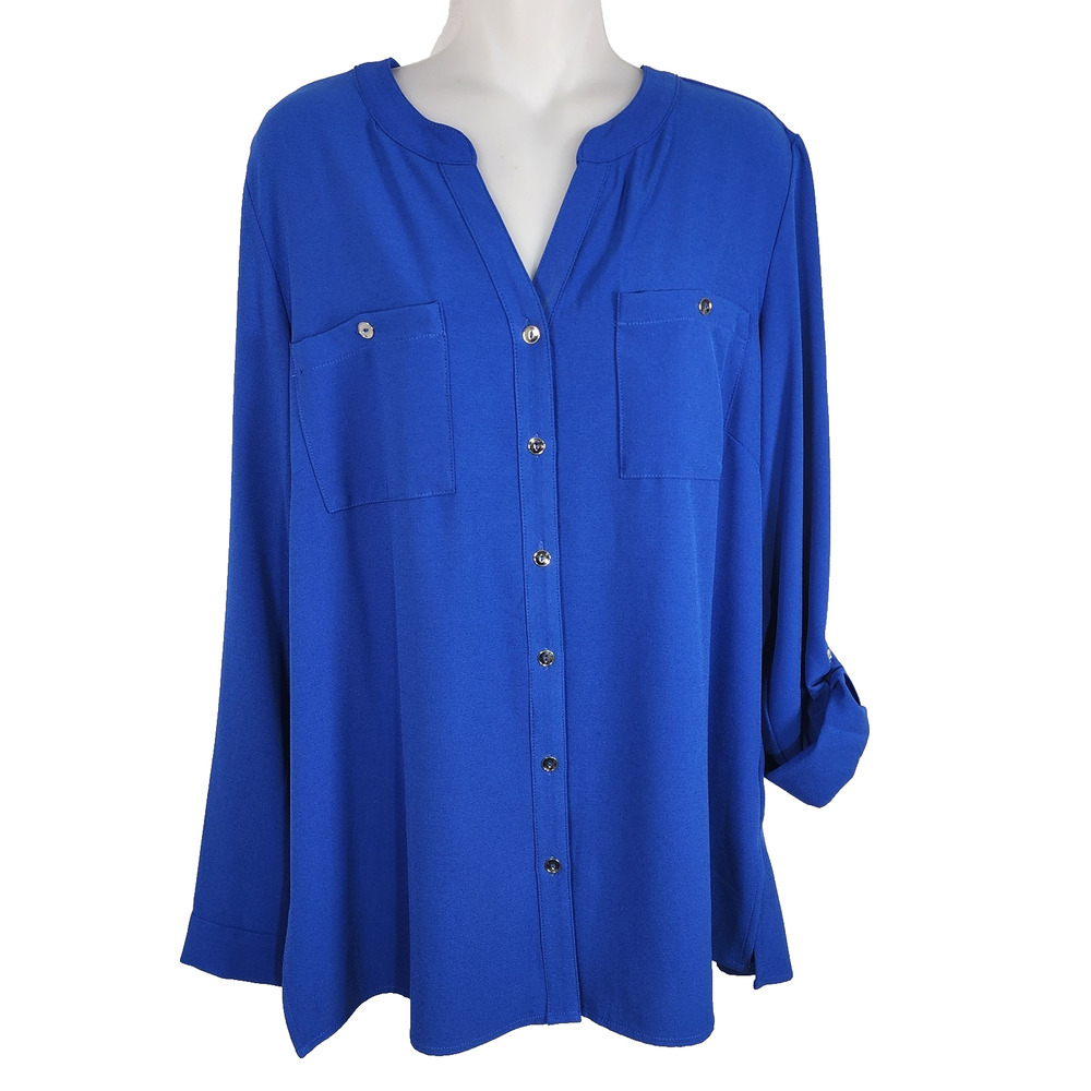 Susan Graver Stretch Woven Button Front Long Tab Sleeve Shirt Size 12 A286471